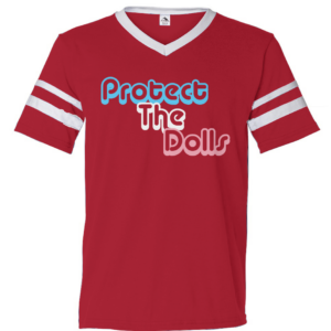 "Protect the Dolls" V Neck Striped Sleeves Jersey